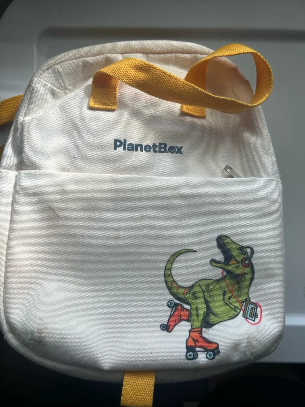 PlanetBox Kids Cream Canvas Dino Backpack with Yellow Straps Lunch Tote